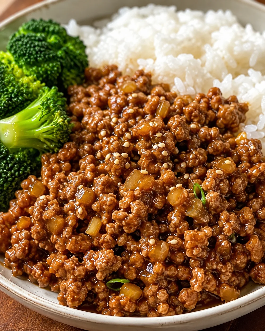 Close-up of ground sesame chicken served with broccoli and rice on a plate.