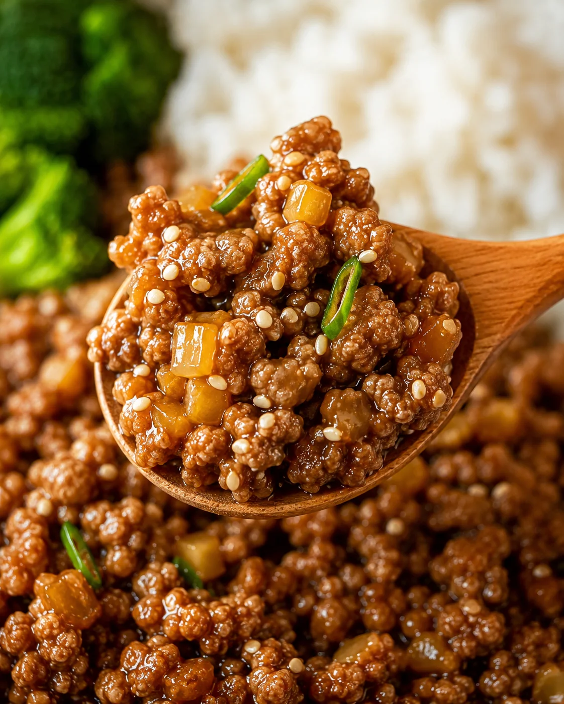 Close-up of flavorful ground sesame chicken with green onions and sesame seeds