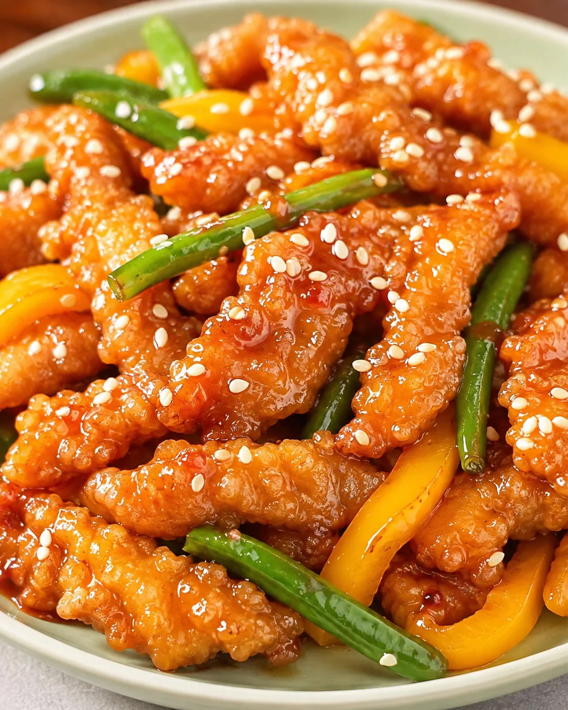 Honey Sesame Chicken with Bell Peppers Crispy honey sesame chicken with colorful bell peppers and green beans on a plate