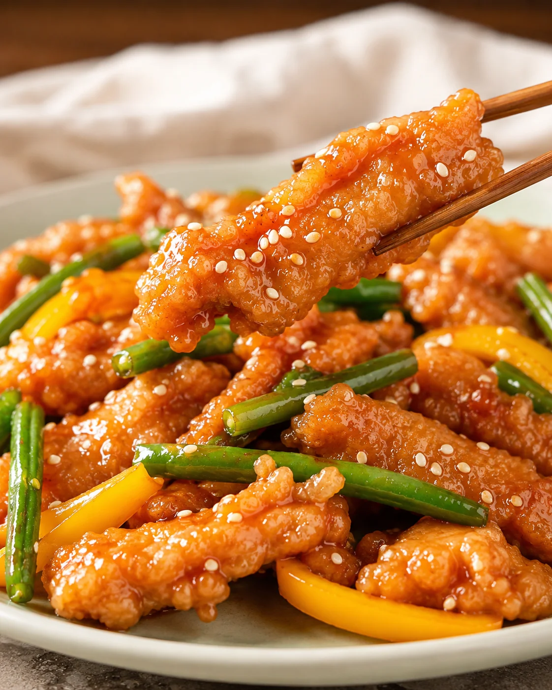 Honey Sesame Chicken Recipe Crispy honey sesame chicken with green beans and yellow bell peppers on a plate