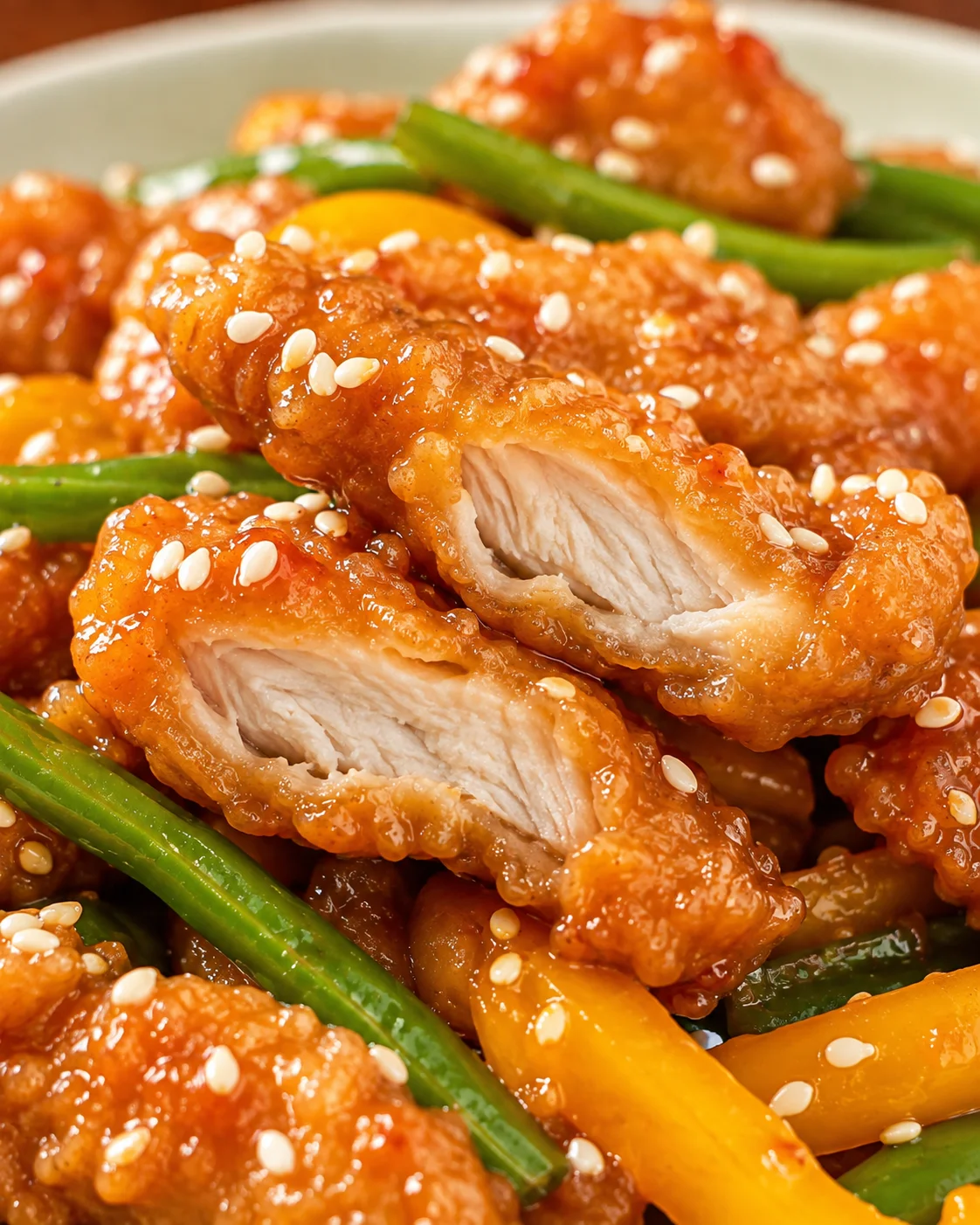 Honey Sesame Chicken Crispy glazed honey sesame chicken with green beans and sesame seeds