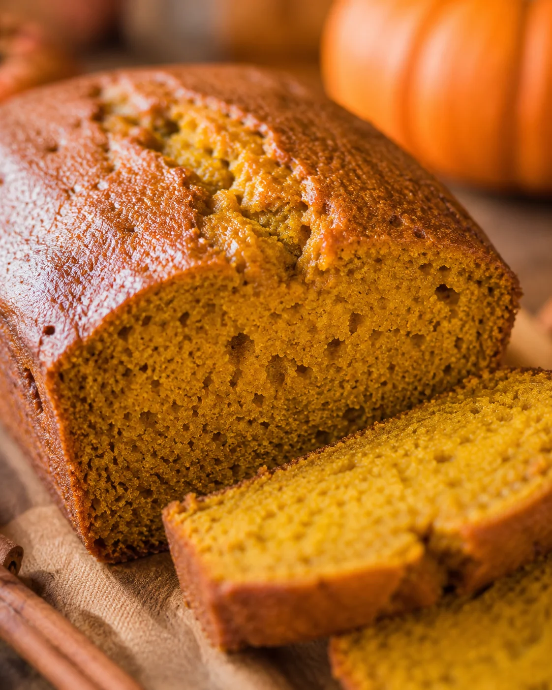Close-up view of a sliced pumpkin bread showing moist crumb and browned crust