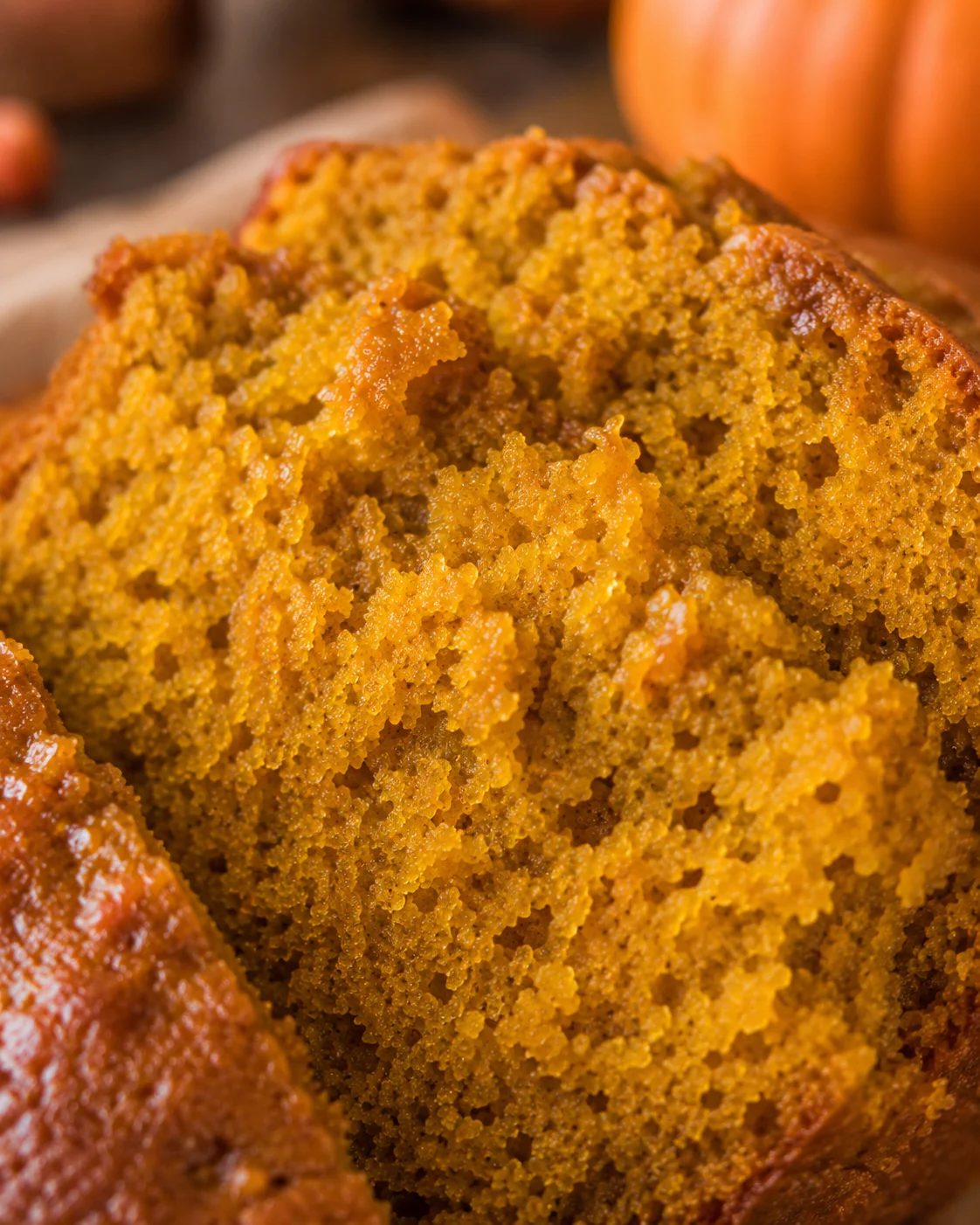Macro detail of pumpkin bread interior crumb texture