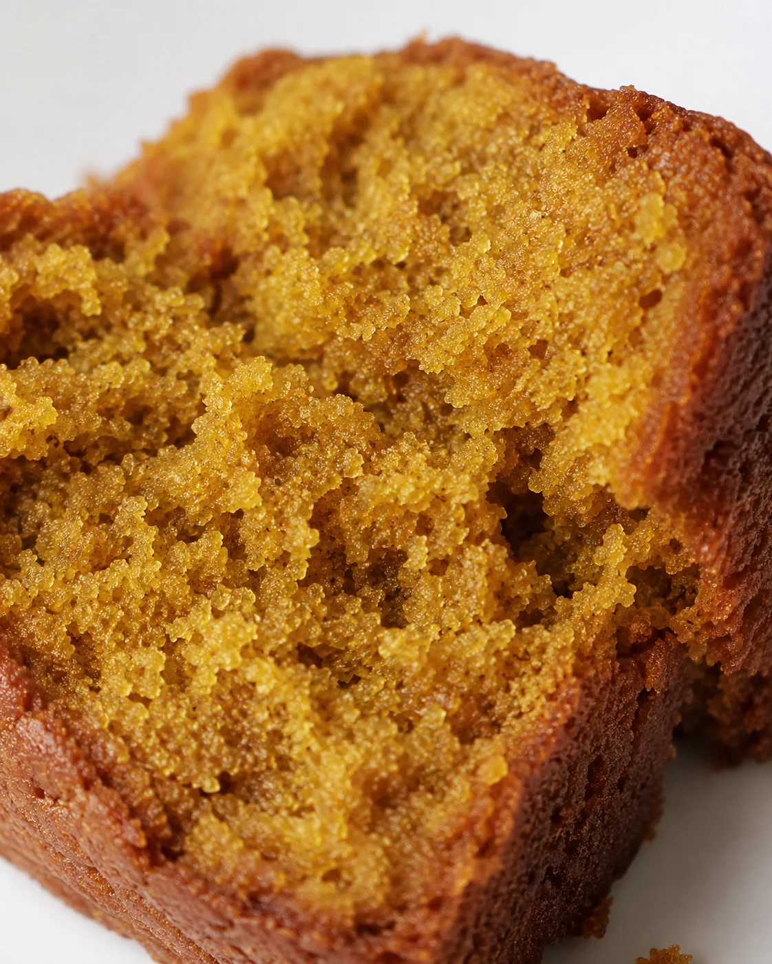 Macro view of pumpkin bread crumb showing moist, grainy texture