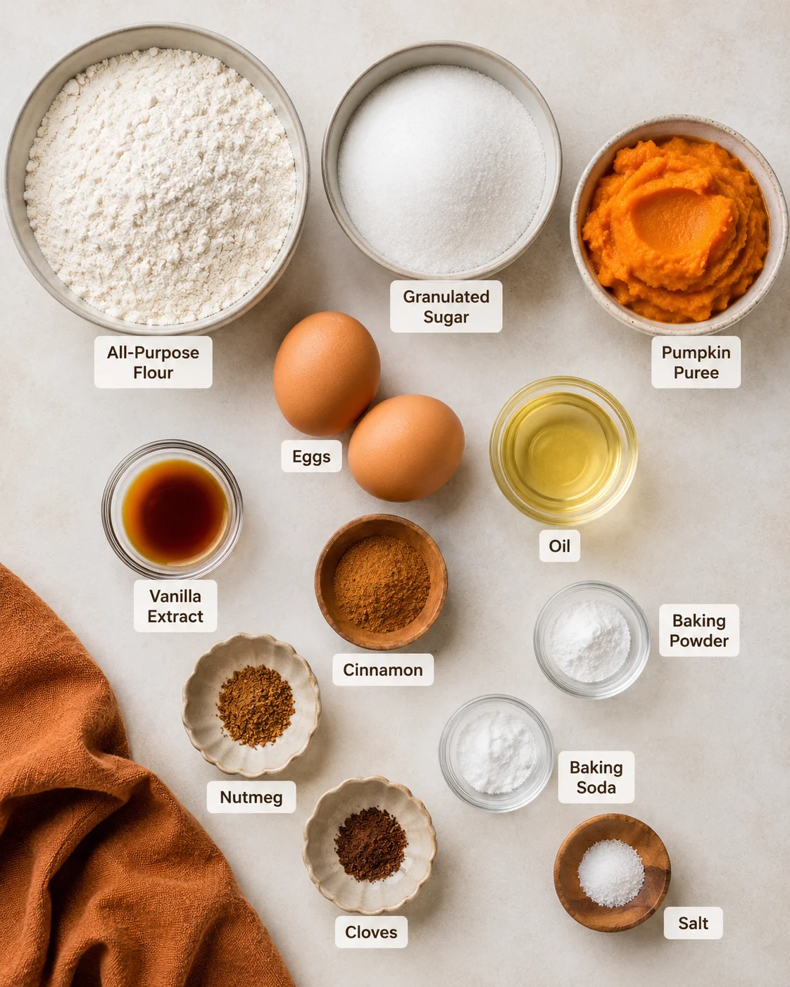 Top-down arrangement of labeled ingredients for pumpkin bread including flour, sugar, eggs, oil, pumpkin puree and spices