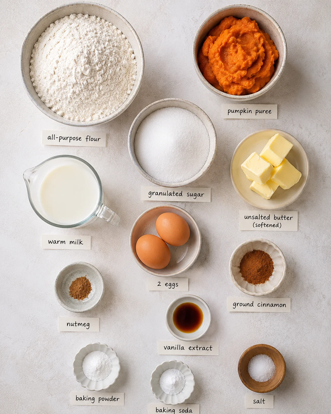 Top-down arrangement of measured ingredients for pumpkin bread including flour, pumpkin puree, butter, eggs, milk and spices