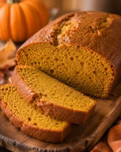 Sliced pumpkin bread loaf on a wooden board with a small pumpkin in the background