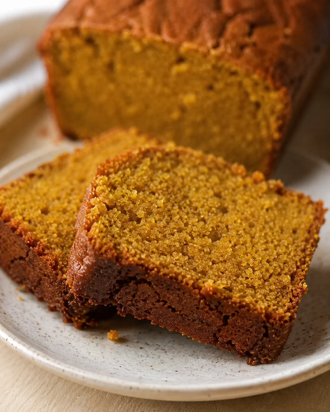Two slices of pumpkin bread on a plate with the full loaf in the background