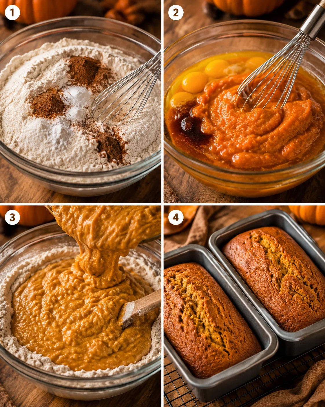 Four-panel collage showing mixing dry ingredients, whisking wet ingredients, combining batter, and baked loaves in pans