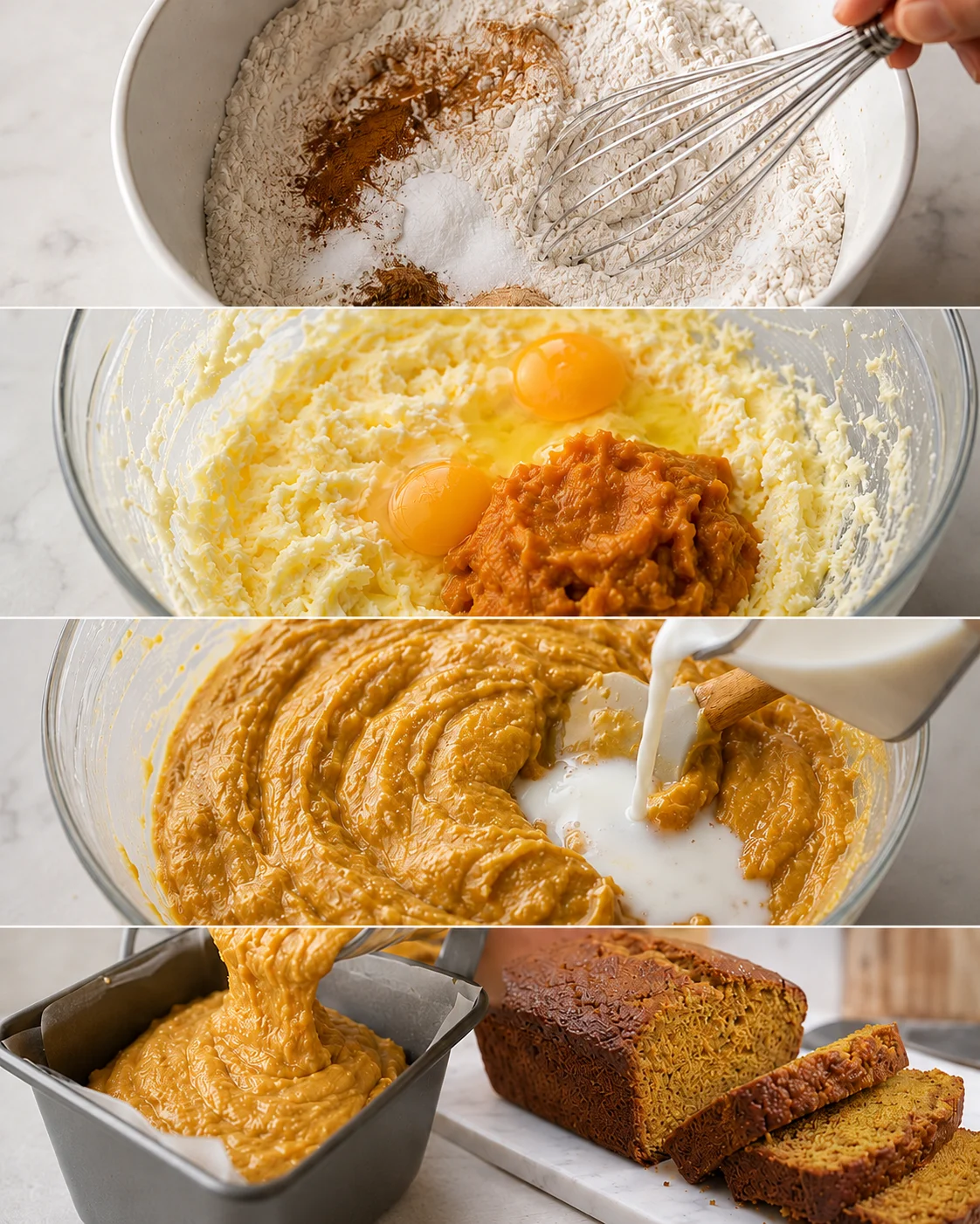 Four-panel sequence showing whisking dry ingredients, creaming butter with eggs and pumpkin, adding milk, and pouring batter into a loaf pan