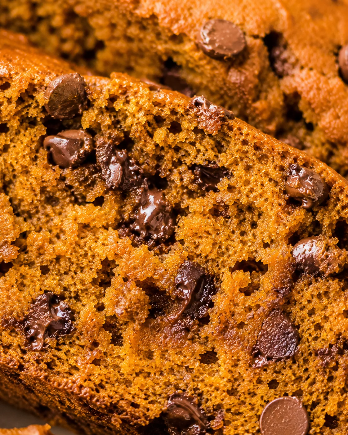 Close-up of the interior crumb and melted chocolate chips in pumpkin chocolate chip bread