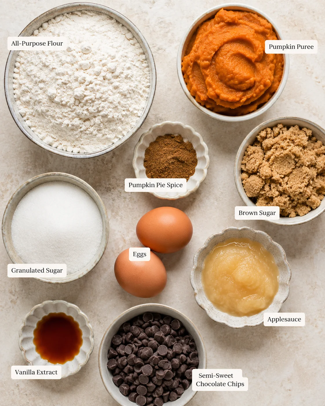 Top-down arrangement of measured ingredients for pumpkin chocolate chip bread