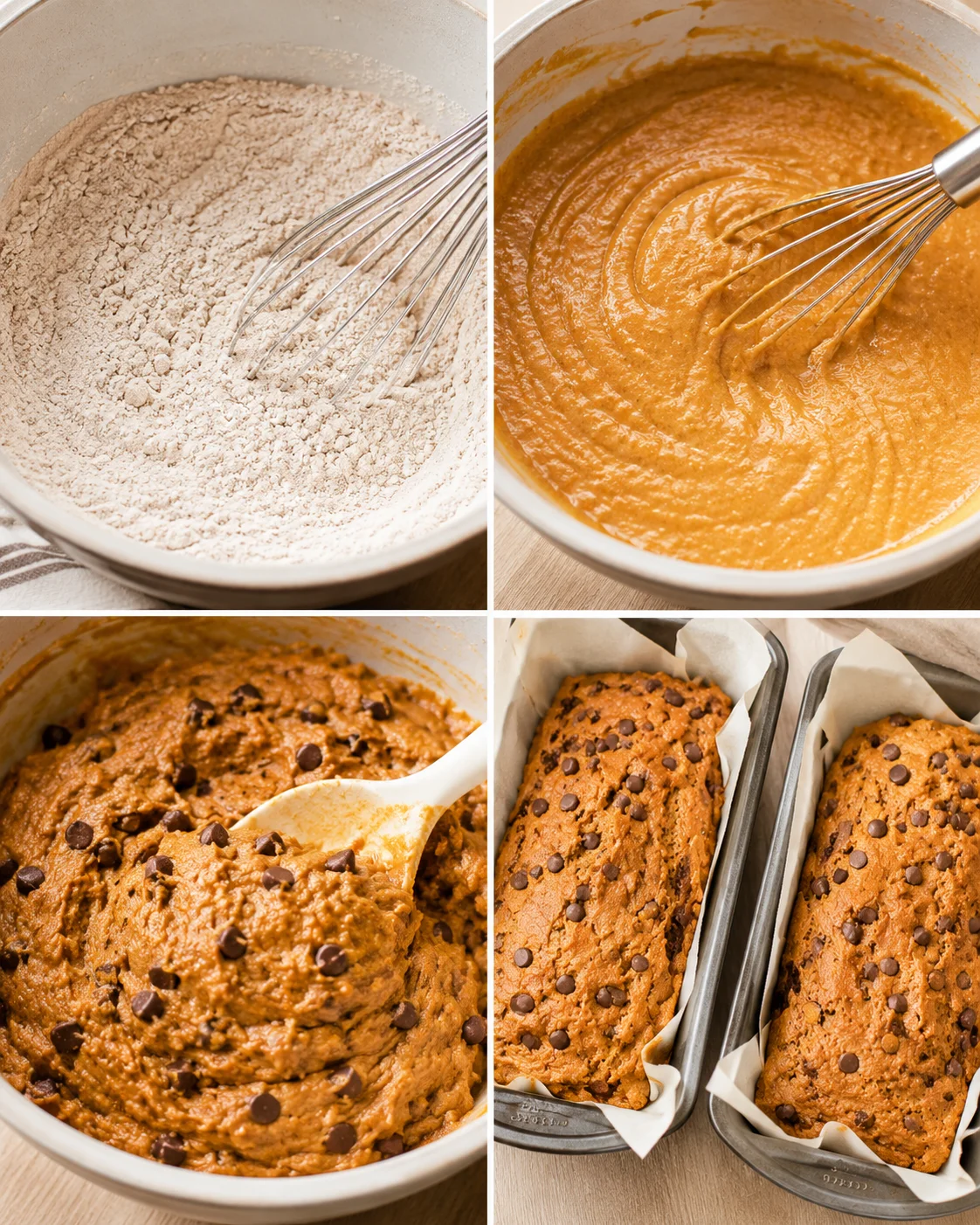 Four-panel collage showing mixing dry ingredients, whisking wet ingredients, folding in chocolate chips, and batter in loaf pans