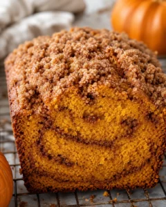 Snickerdoodle pumpkin bread loaf close-up with cinnamon crumble topping