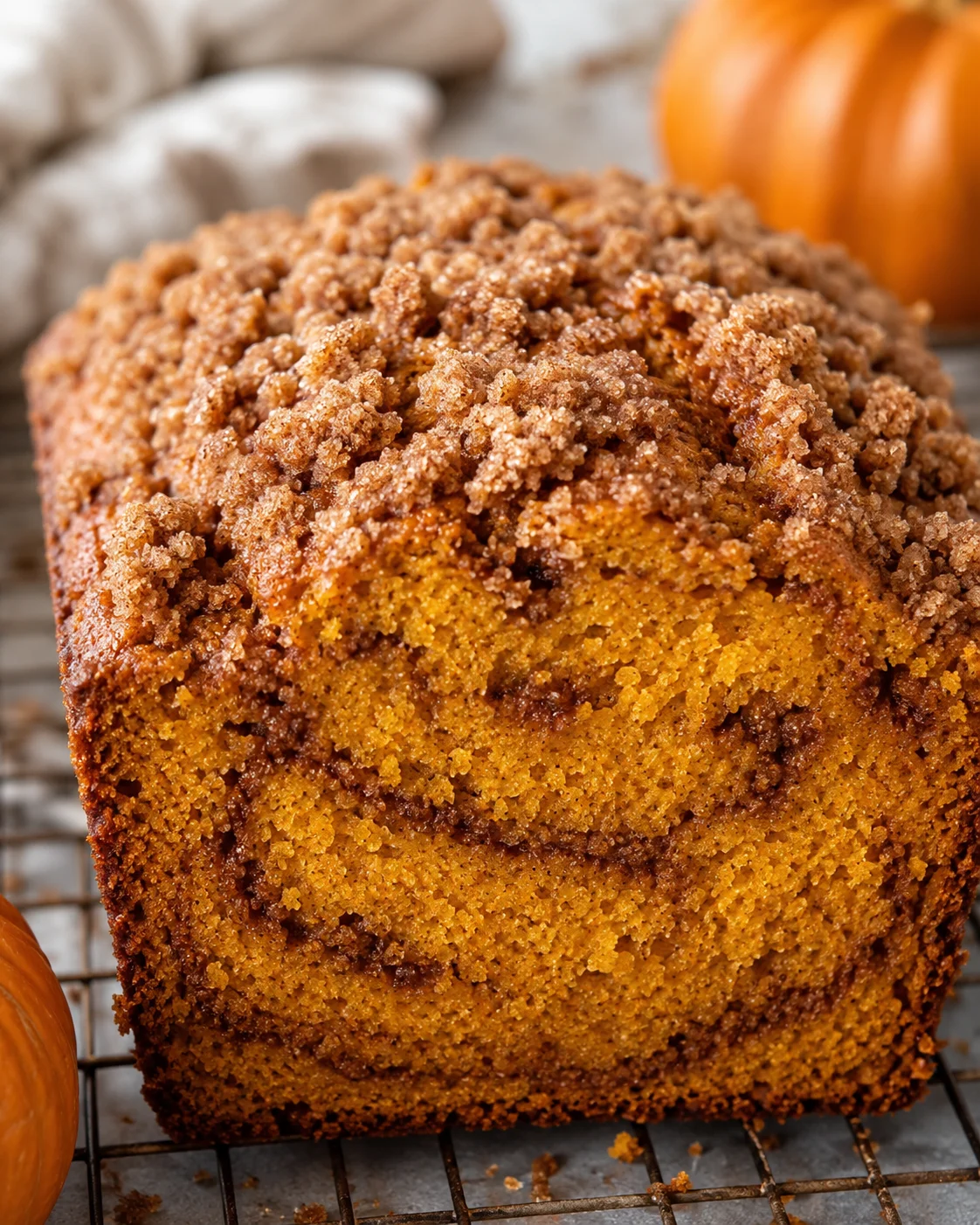 Snickerdoodle pumpkin bread loaf close-up with cinnamon crumble topping