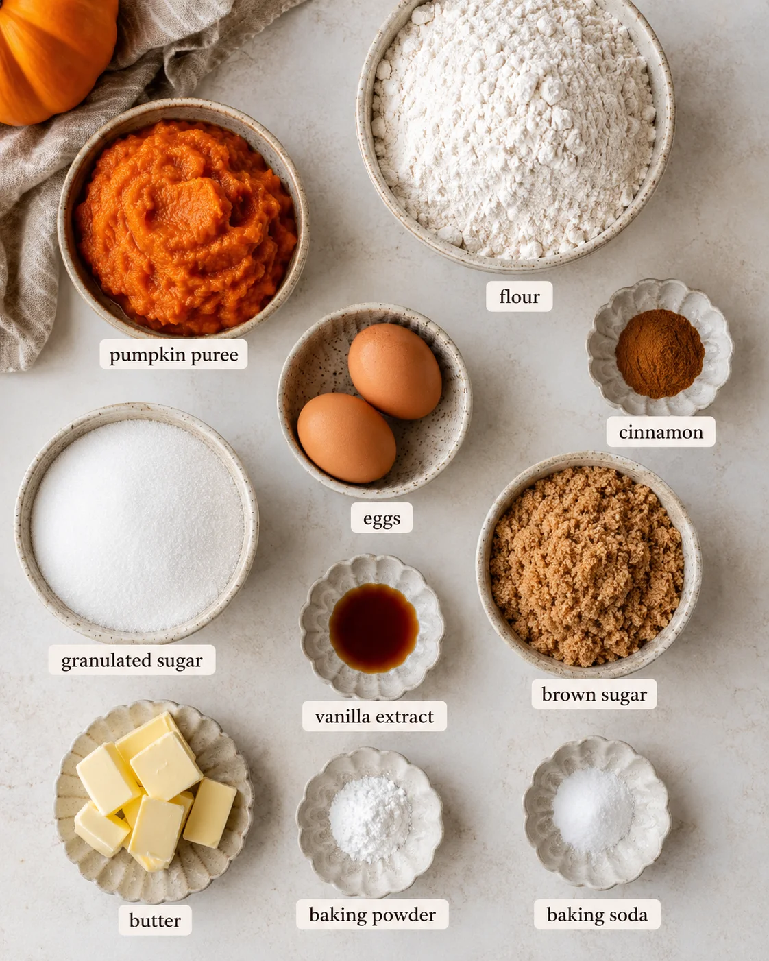 Top-down arrangement of ingredients for snickerdoodle pumpkin bread