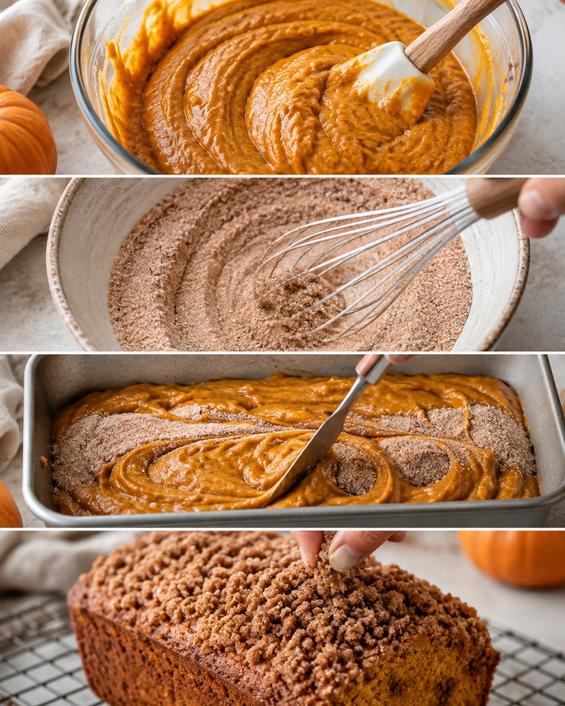 Collage showing mixing batter, whisking cinnamon sugar, swirling and topping the loaf