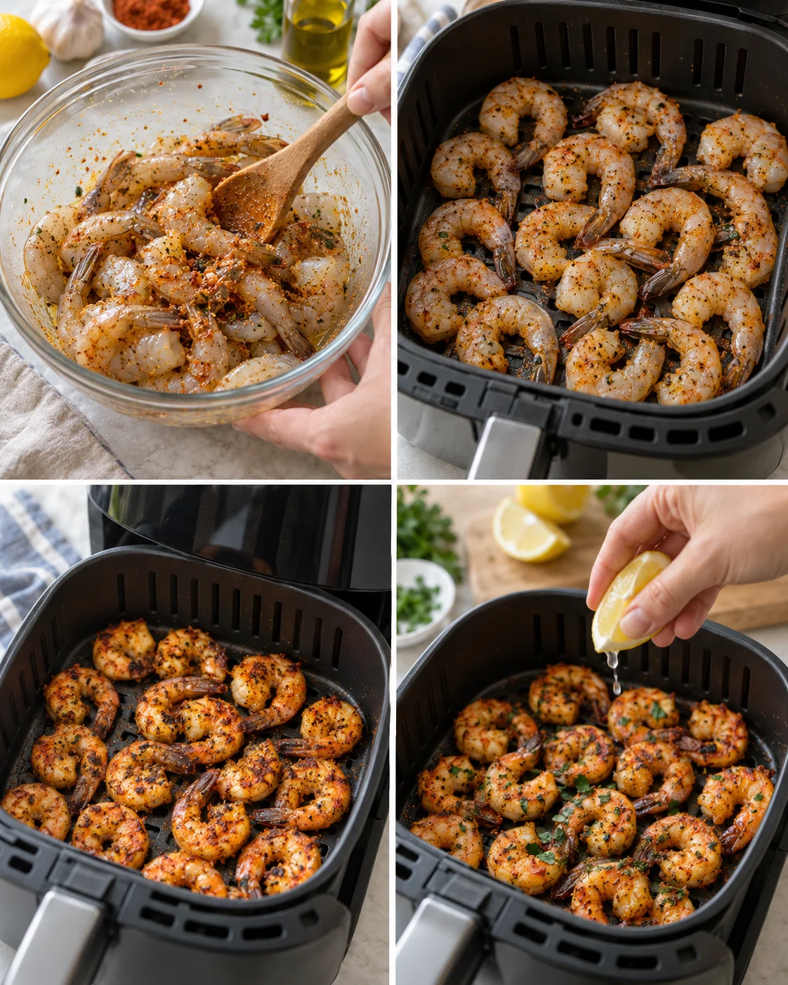 Four-step process showing how to prepare Air Fryer Shrimp