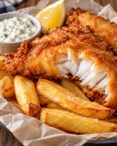 Alternate close-up serving of Crispy Beer-Battered Fish and Chips Recipe