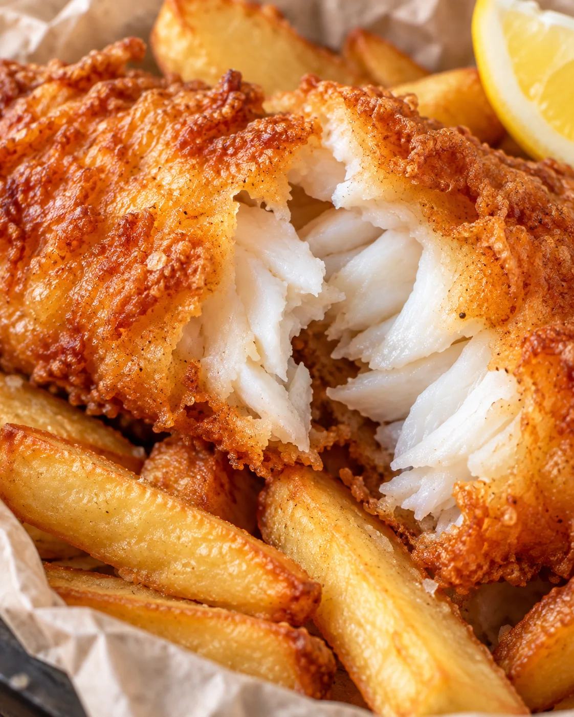 Texture detail showing the crumb and interior of Crispy Beer-Battered Fish and Chips Recipe