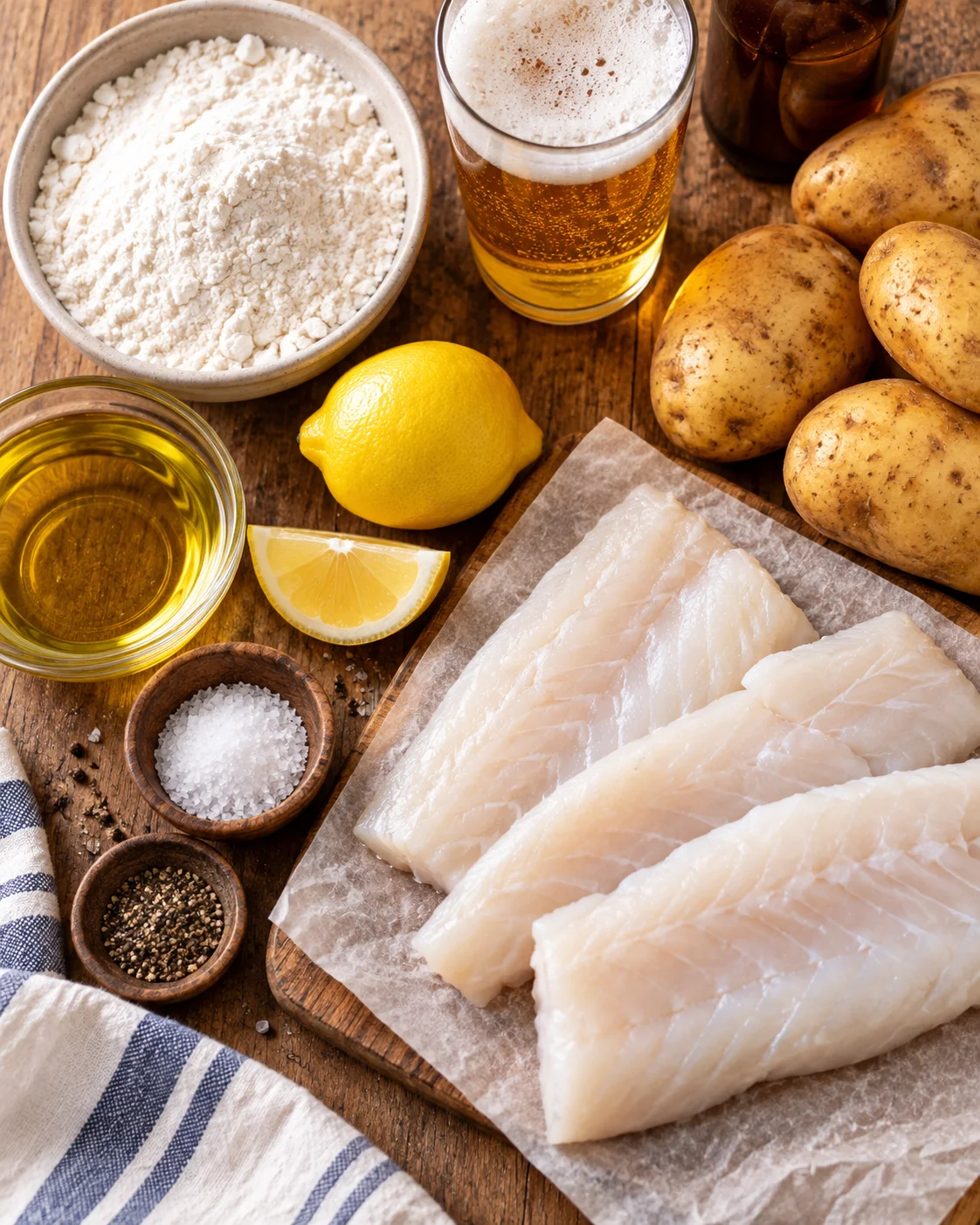 Top-down key ingredients for Crispy Beer-Battered Fish and Chips Recipe