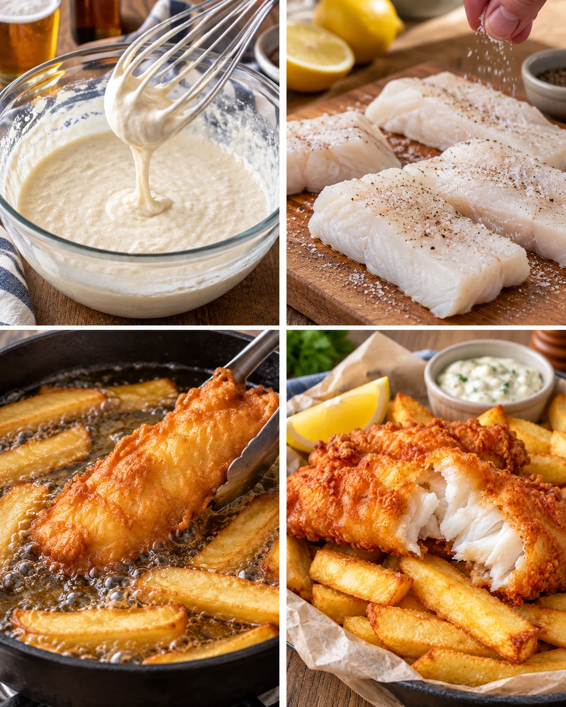 Four-step process showing how to prepare Crispy Beer-Battered Fish and Chips Recipe