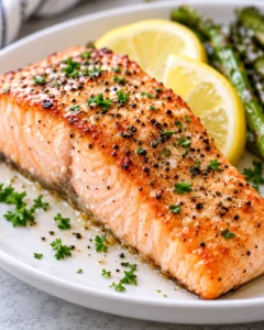 Alternate close-up serving of Easy Baked Salmon Recipe in the Oven