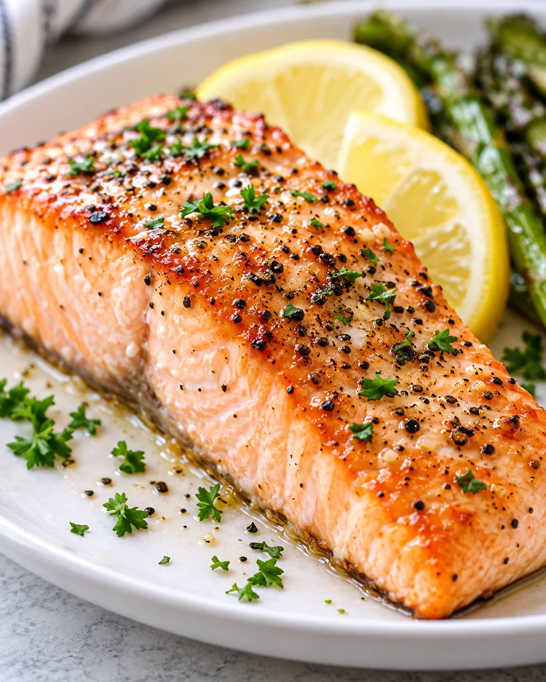 Alternate close-up serving of Easy Baked Salmon Recipe in the Oven