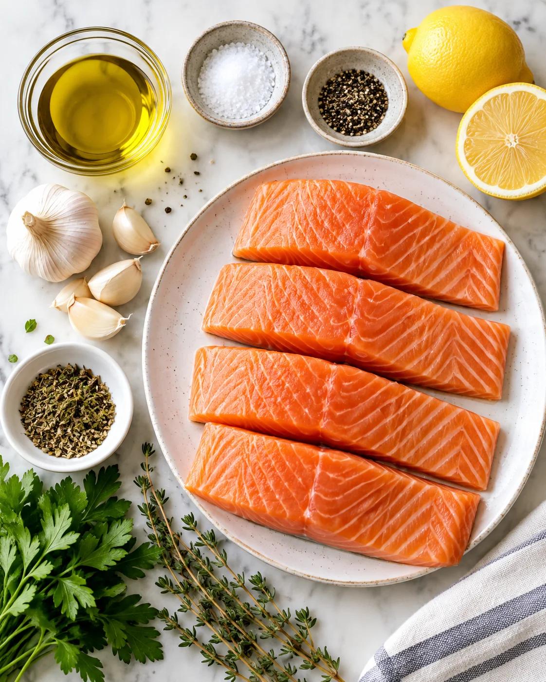 Top-down key ingredients for Easy Baked Salmon Recipe in the Oven