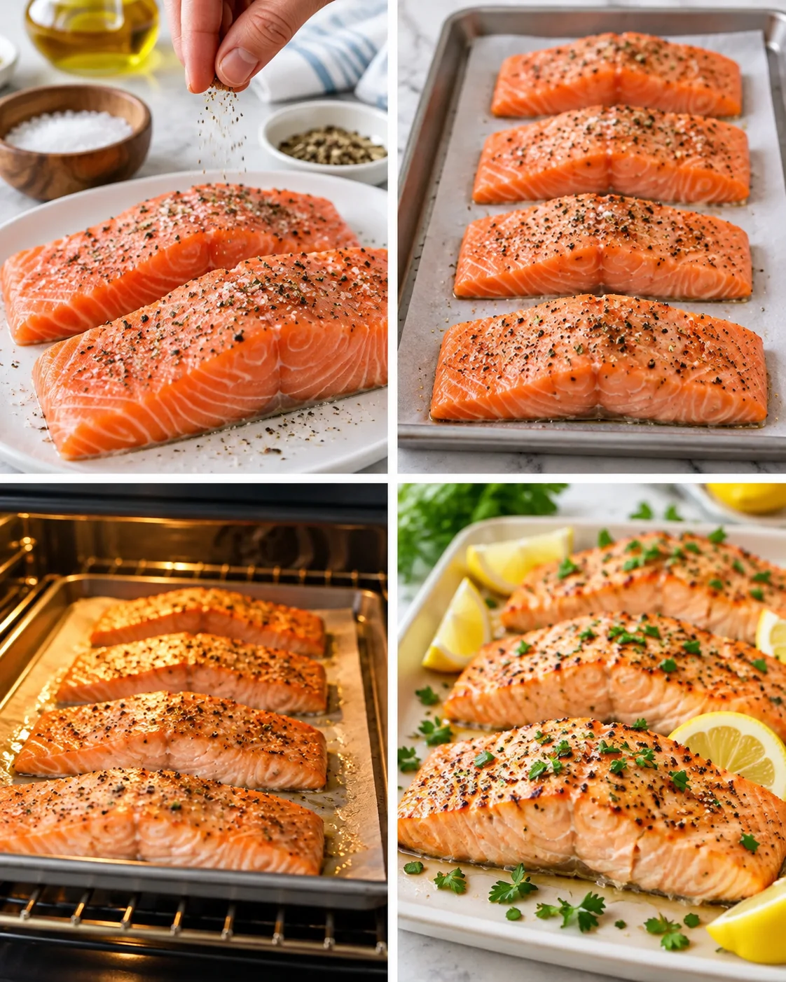 Four-step process showing how to prepare Easy Baked Salmon Recipe in the Oven