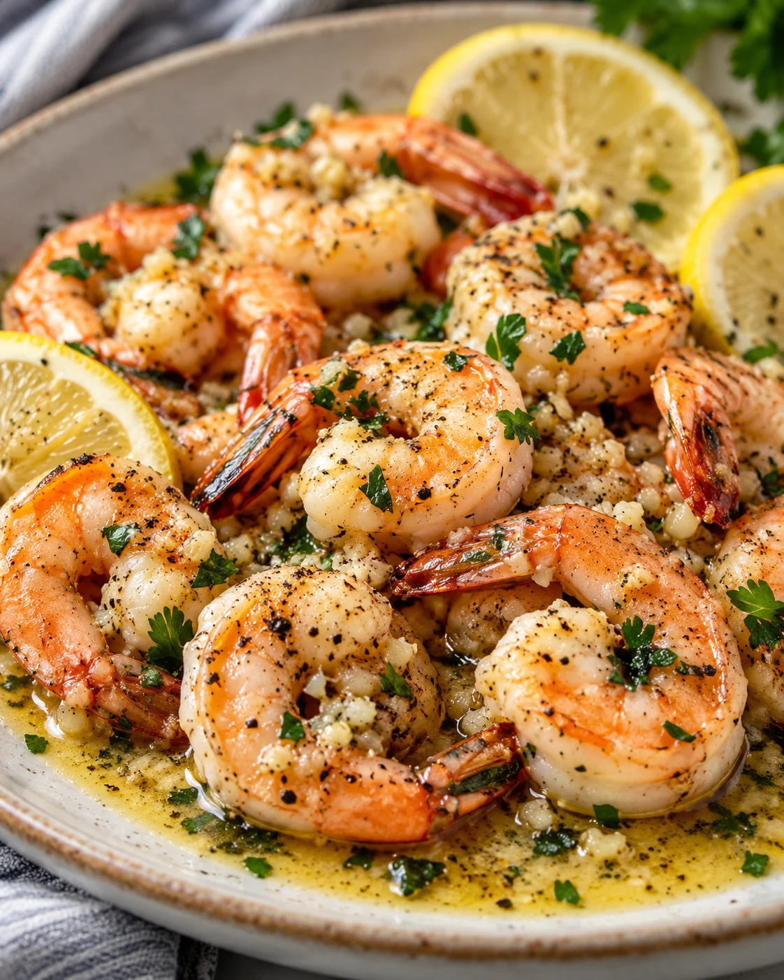 Alternate close-up serving of Easy Garlic Shrimp Recipe with Lemon and Garlic Butter