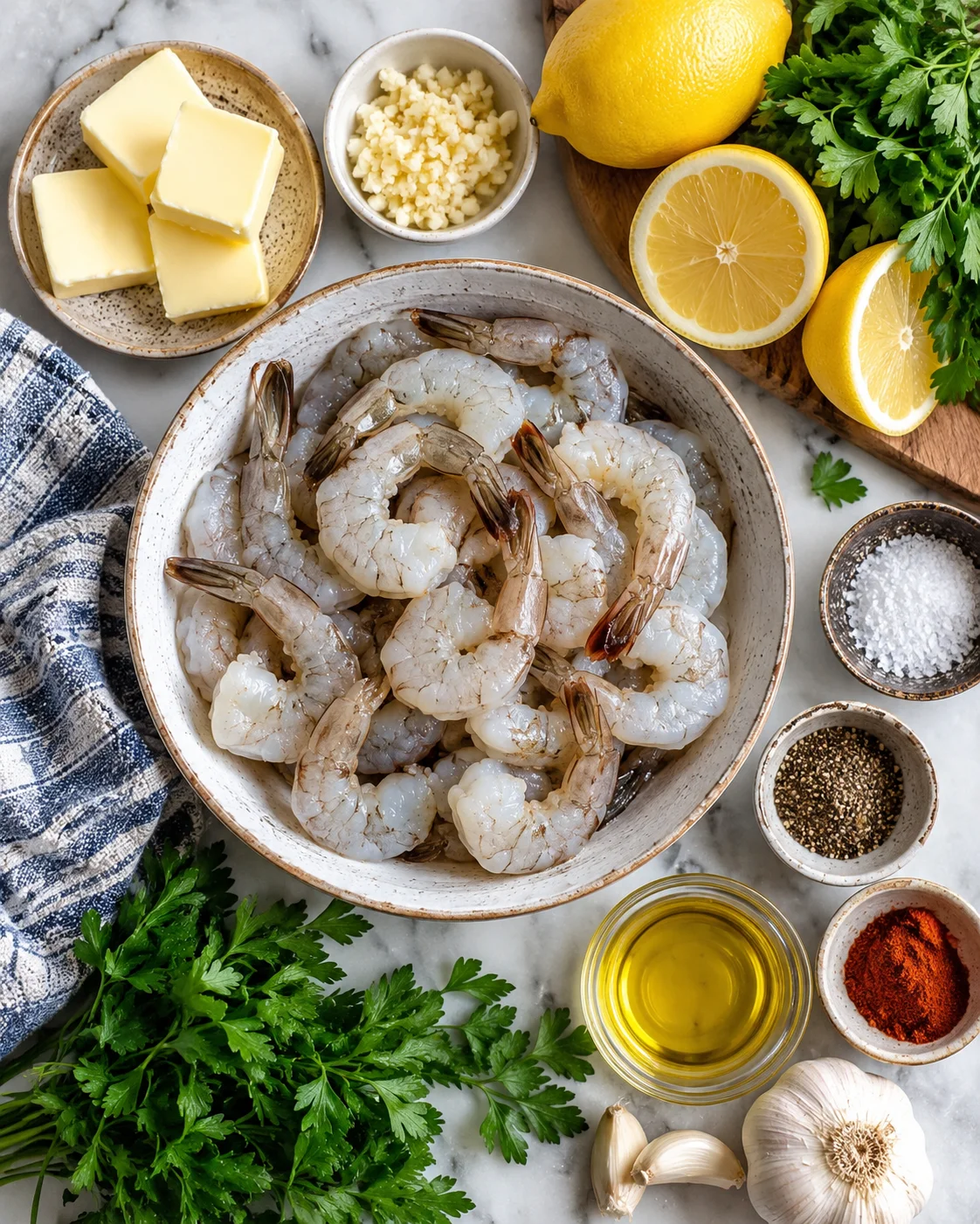Top-down key ingredients for Easy Garlic Shrimp Recipe with Lemon and Garlic Butter
