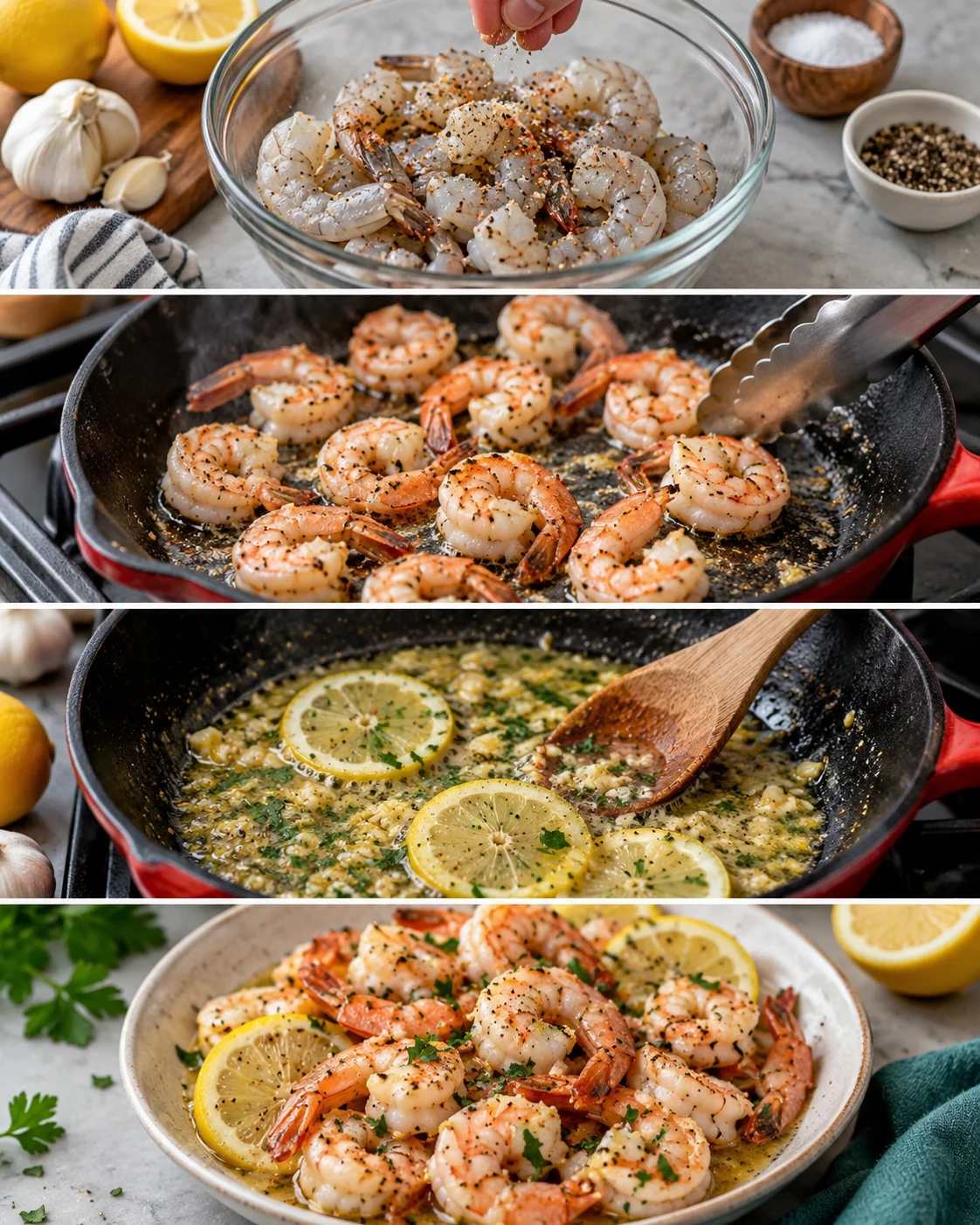 Four-step process showing how to prepare Easy Garlic Shrimp Recipe with Lemon and Garlic Butter
