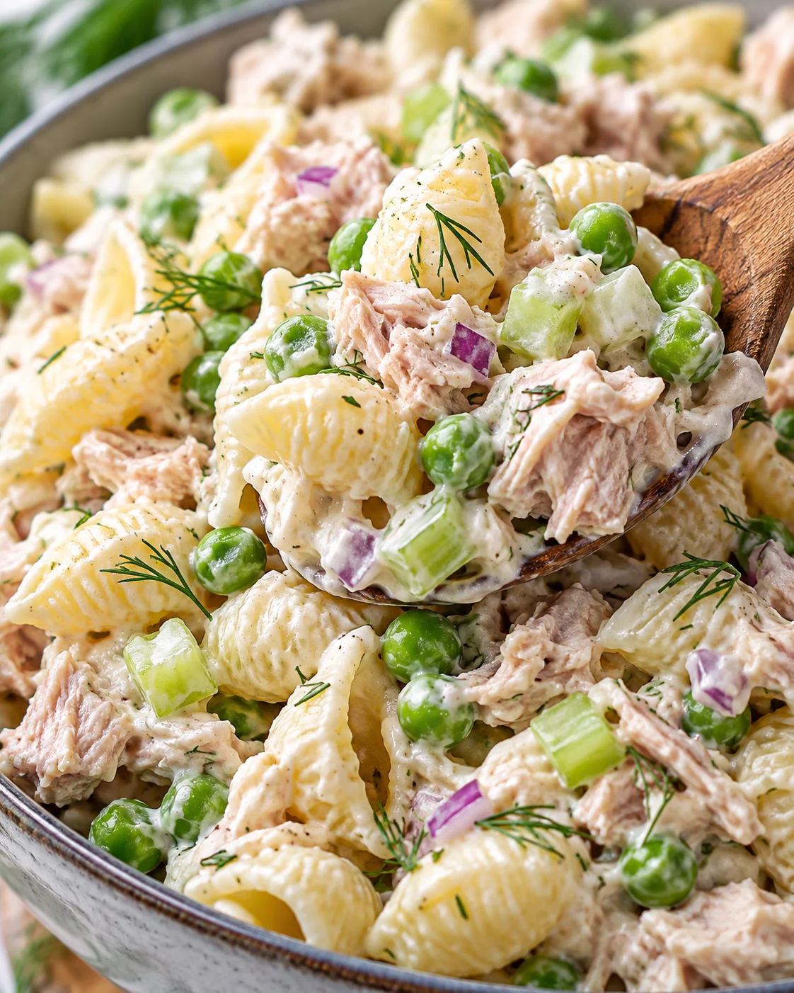 Texture detail showing the crumb and interior of Easy Tuna Pasta Salad with Peas