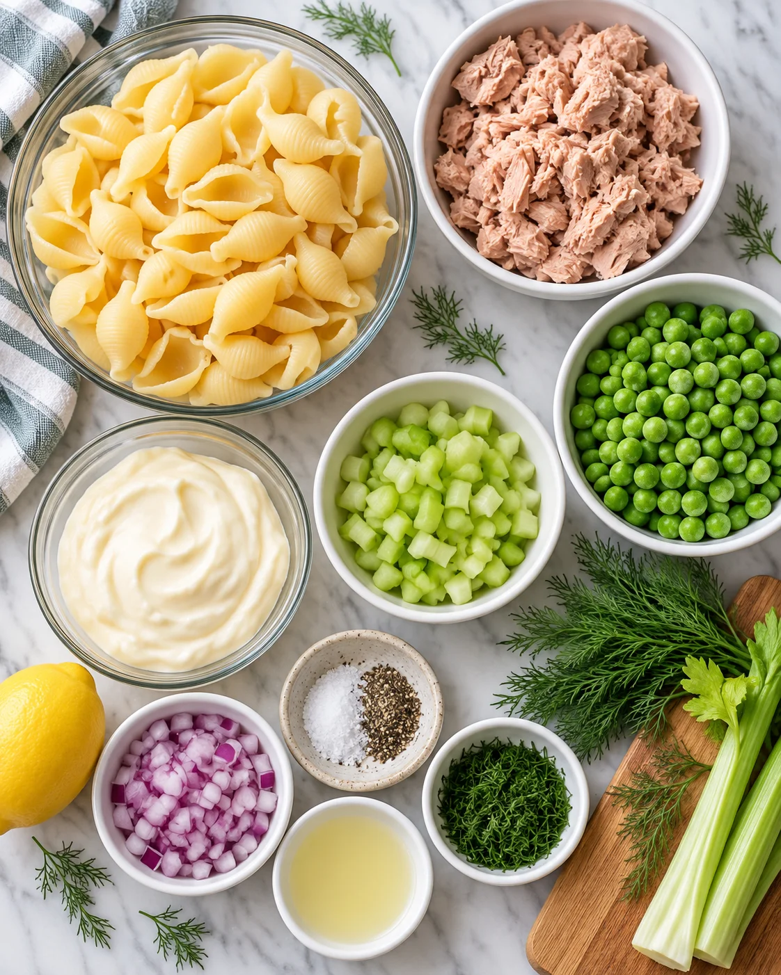 Top-down key ingredients for Easy Tuna Pasta Salad with Peas
