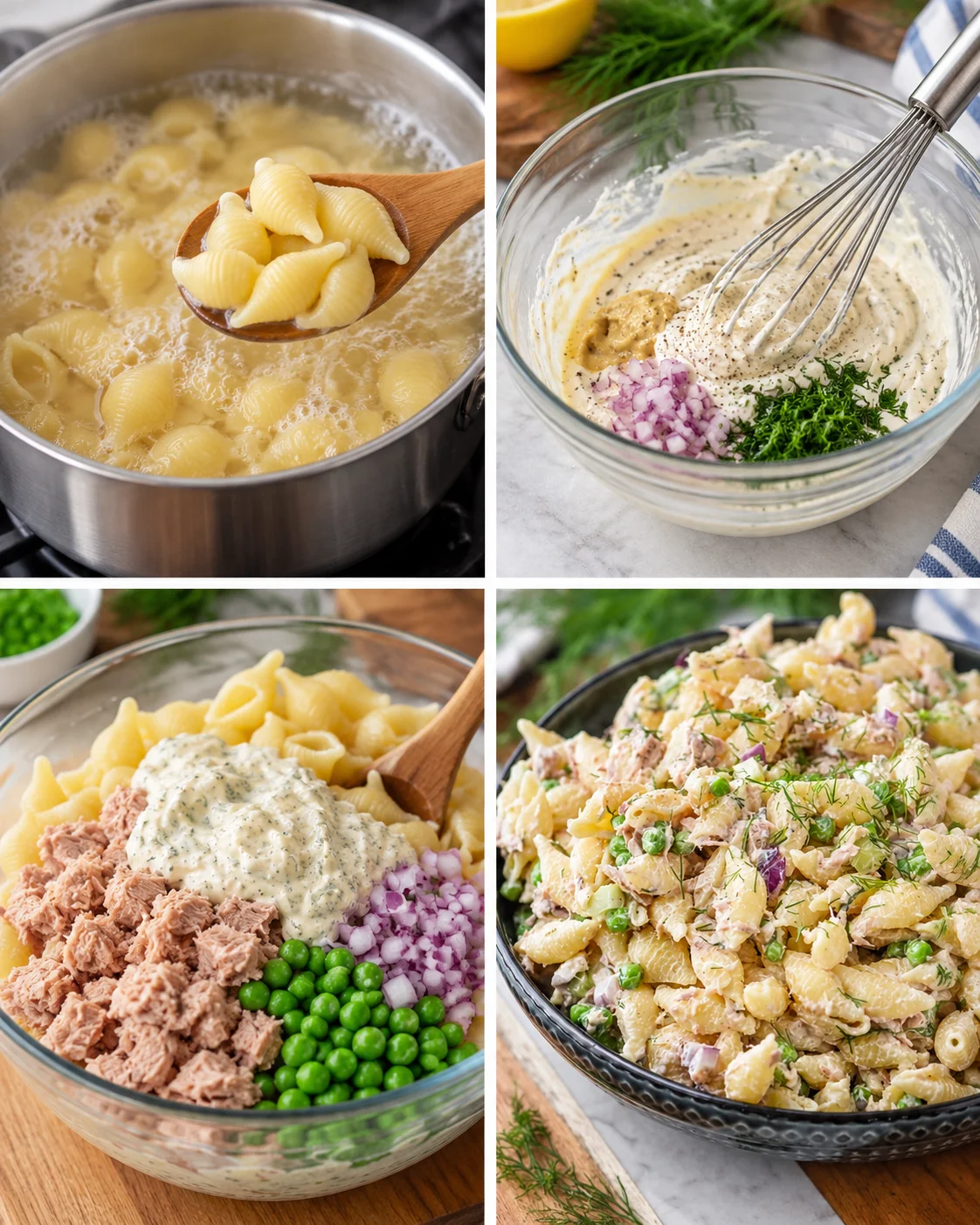 Four-step process showing how to prepare Easy Tuna Pasta Salad with Peas