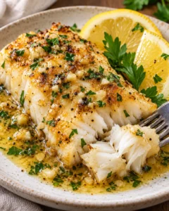 Alternate close-up serving of Garlic Butter Cod Recipe