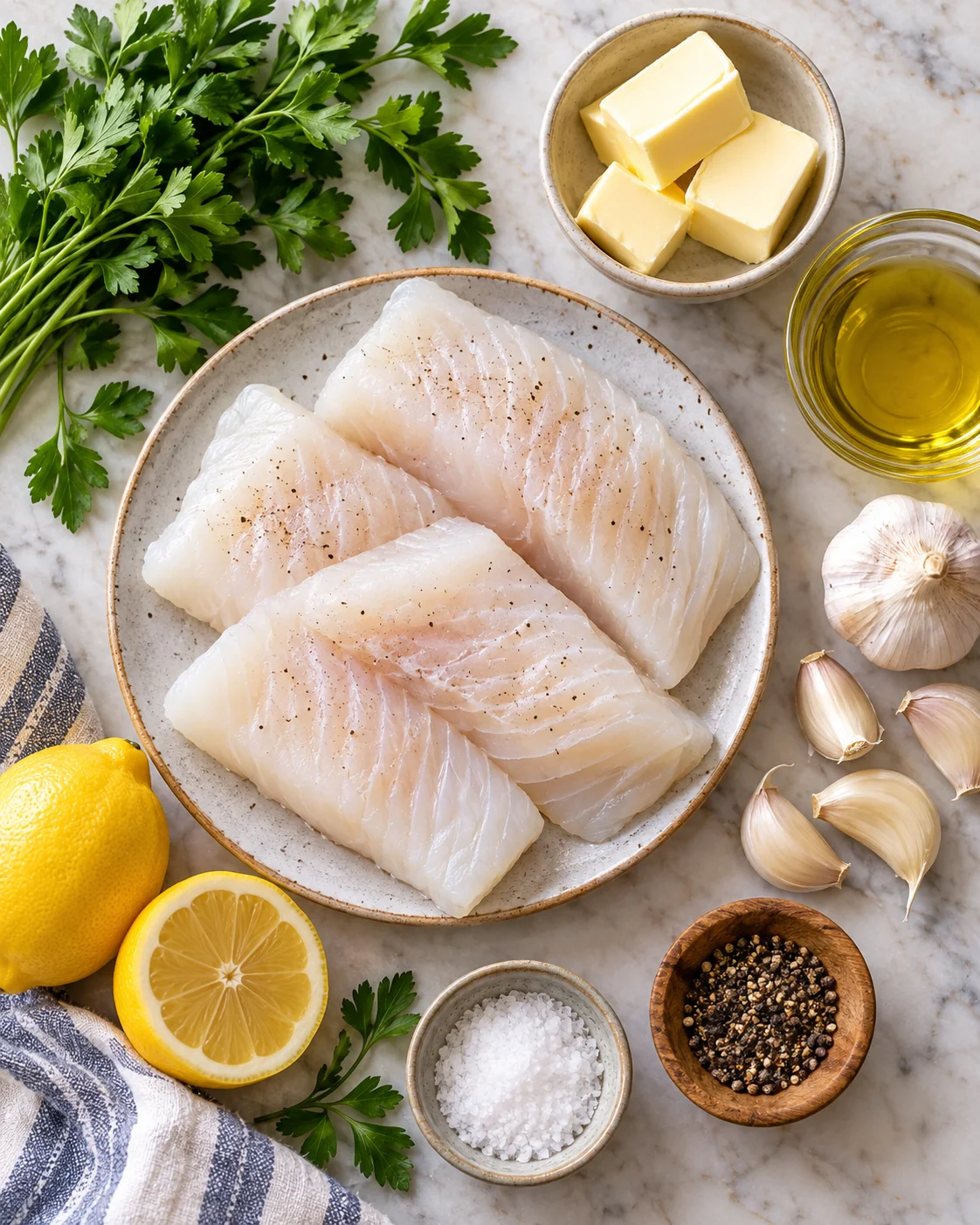 Top-down key ingredients for Garlic Butter Cod Recipe