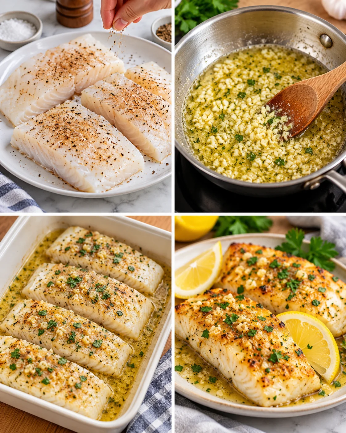 Four-step process showing how to prepare Garlic Butter Cod Recipe
