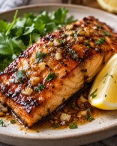 Alternate close-up serving of Honey Garlic Salmon (20-Minute One-Pan Recipe)