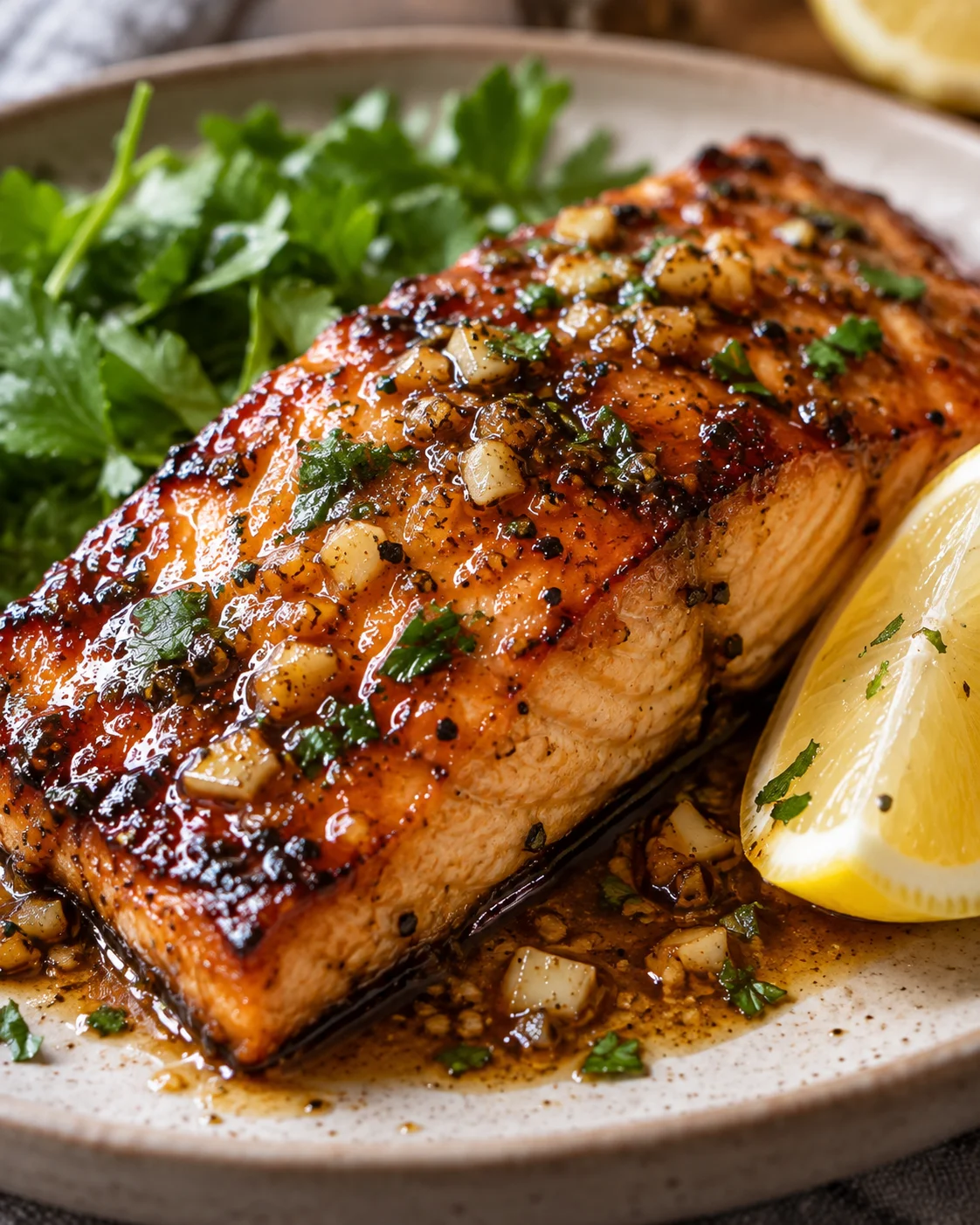 Alternate close-up serving of Honey Garlic Salmon (20-Minute One-Pan Recipe)