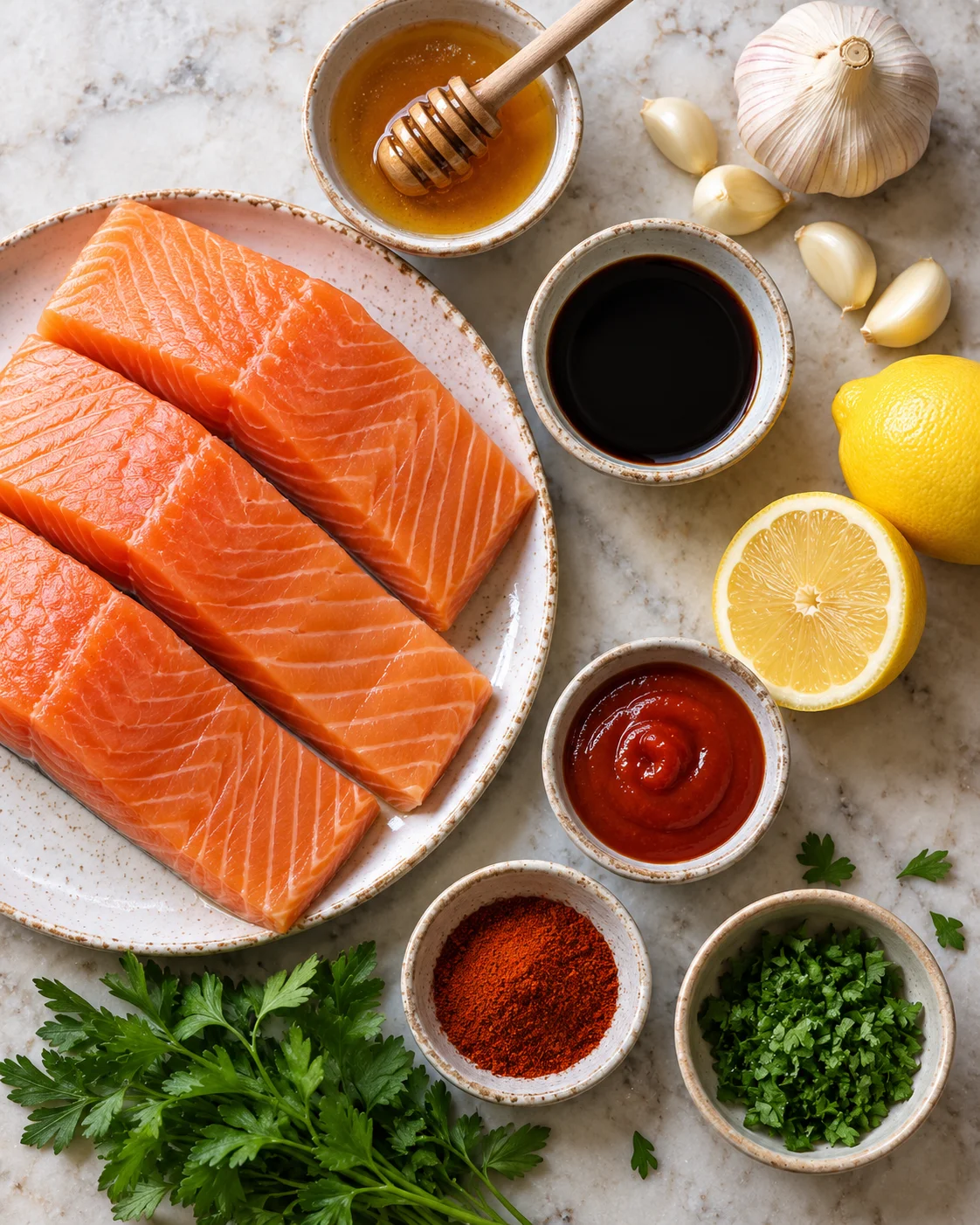 Top-down key ingredients for Honey Garlic Salmon (20-Minute One-Pan Recipe)