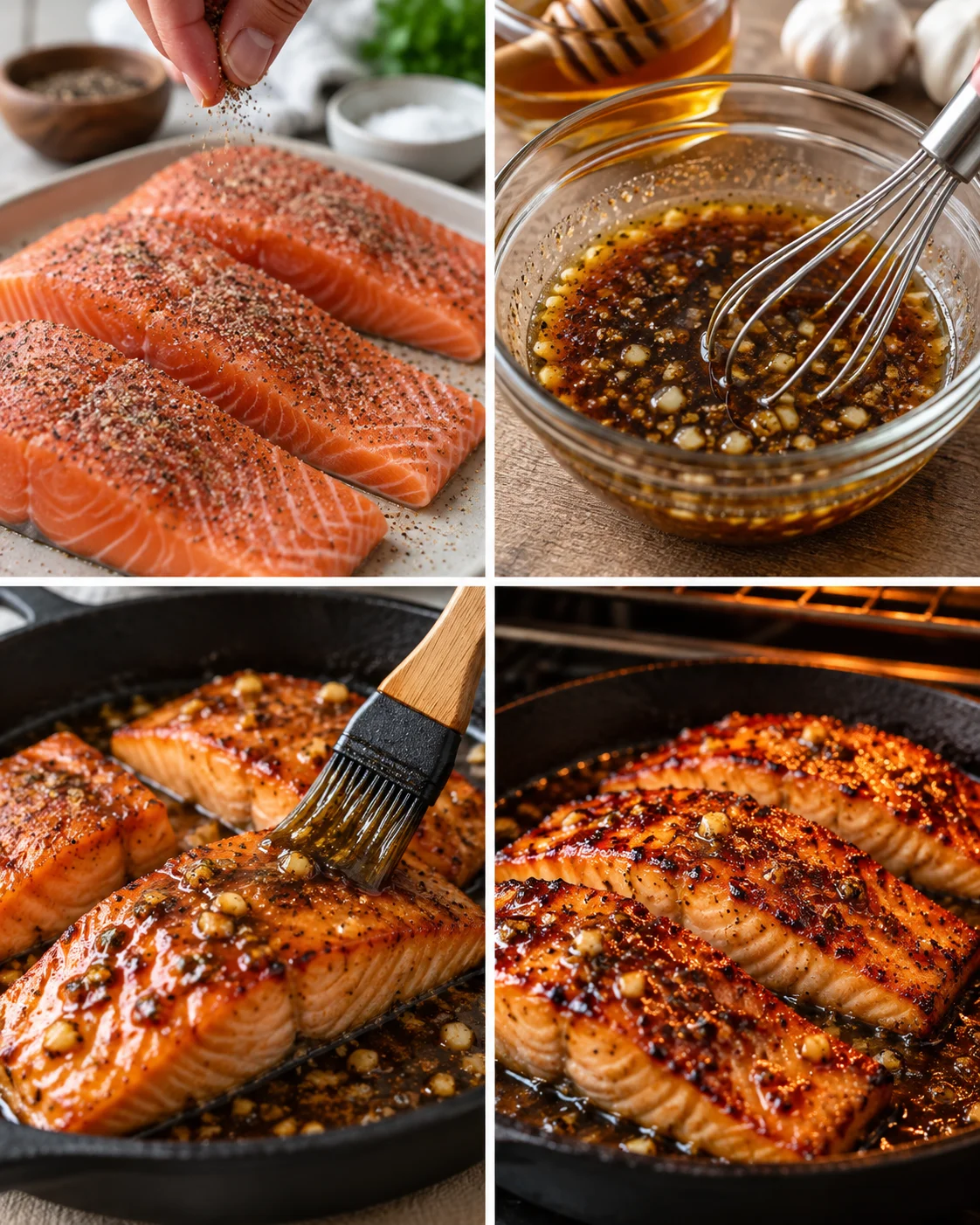 Four-step process showing how to prepare Honey Garlic Salmon (20-Minute One-Pan Recipe)
