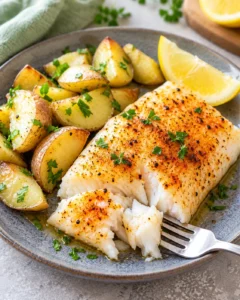 Alternate close-up serving of Moist Oven-Baked Cod with Lemon and Cayenne