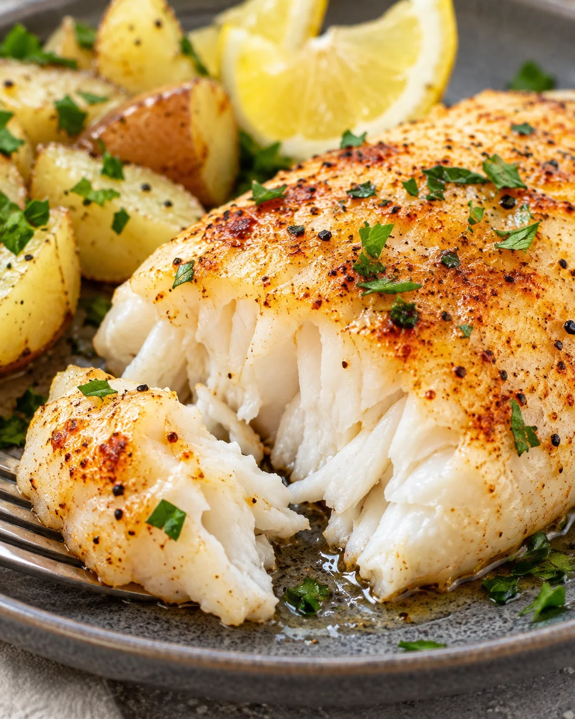 Texture detail showing the crumb and interior of Moist Oven-Baked Cod with Lemon and Cayenne