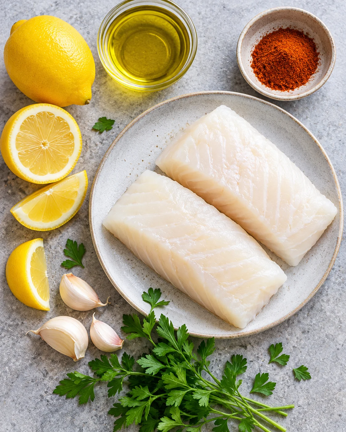 Top-down key ingredients for Moist Oven-Baked Cod with Lemon and Cayenne