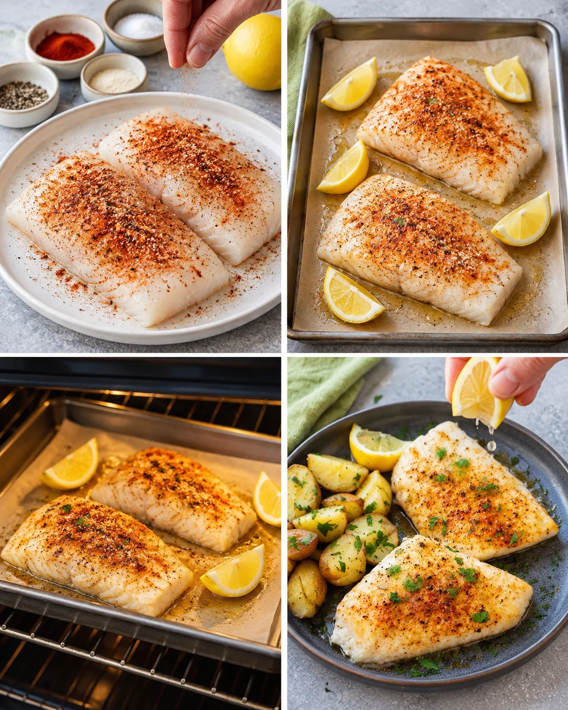 Four-step process showing how to prepare Moist Oven-Baked Cod with Lemon and Cayenne