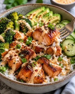 Alternate close-up serving of Salmon Rice Bowl with Crispy Bang Bang Salmon Bites