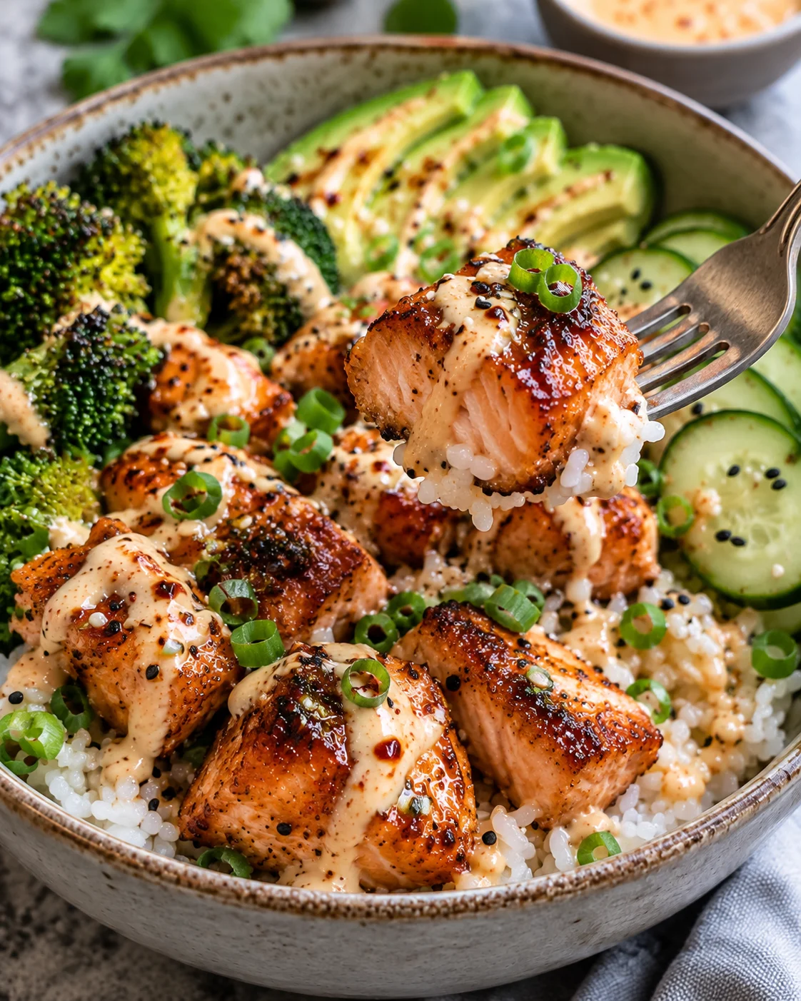 Alternate close-up serving of Salmon Rice Bowl with Crispy Bang Bang Salmon Bites