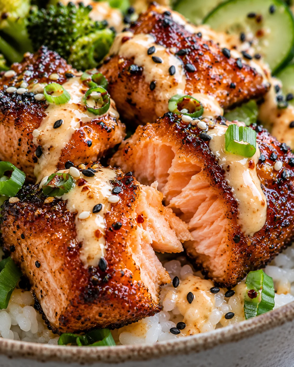 Texture detail showing the crumb and interior of Salmon Rice Bowl with Crispy Bang Bang Salmon Bites